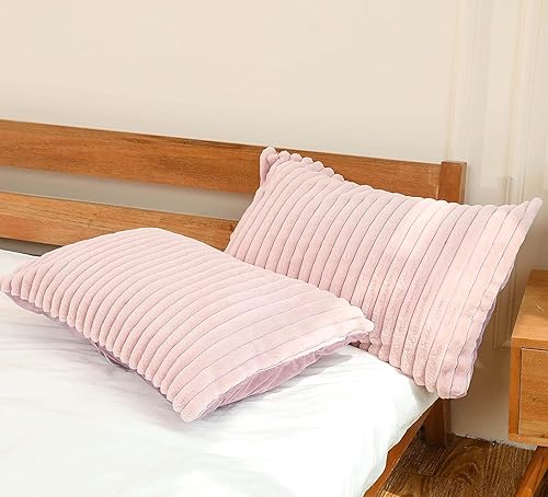 SofyCotty Juego de 2 fundas de almohada de pelo sintético a rayas, ultra suaves, de felpa lanuda tamaño estándarqueen, fundas de almohada