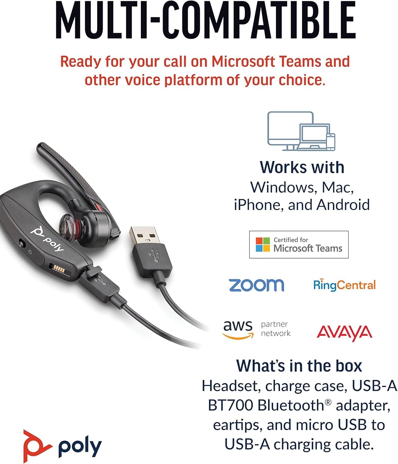 Plantronics Voyager 5200UC Wireless Headset & Charging Cradle (Poly), Auricular Bluetooth de un solo oído (mono) con micrófono con cancelación de ruido - se conecta al móvil/mac/PC mediante Bluetooth