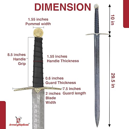 Miniatura 2 de s Viking Einherjar Espada de espiga completa - Hoja de acero de Damasco (400-520 capas) con mango envuelto en cuero, protector de latón y pomo,
