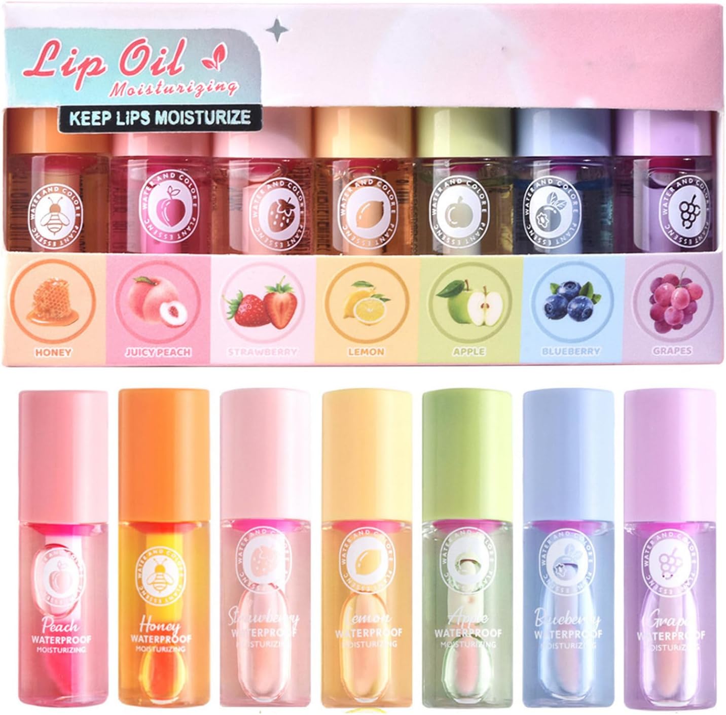 Jugaoge 7 Piece Fruity Lip Oil Collection Non Greasy Moisturizing Lip Gloss Enriched with Natural Oils for Soft Lips Type A One Size