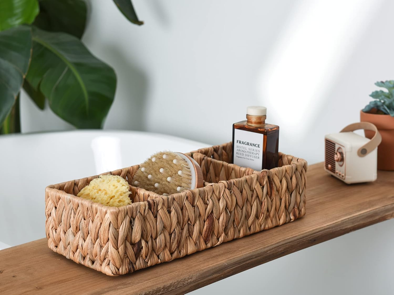 StorageWorks Small Wicker Basket for Organizing with 4-Section, Natural Water Hyacinth Storage Baskets with Dividers for Pantry Shelves, 2-Pack