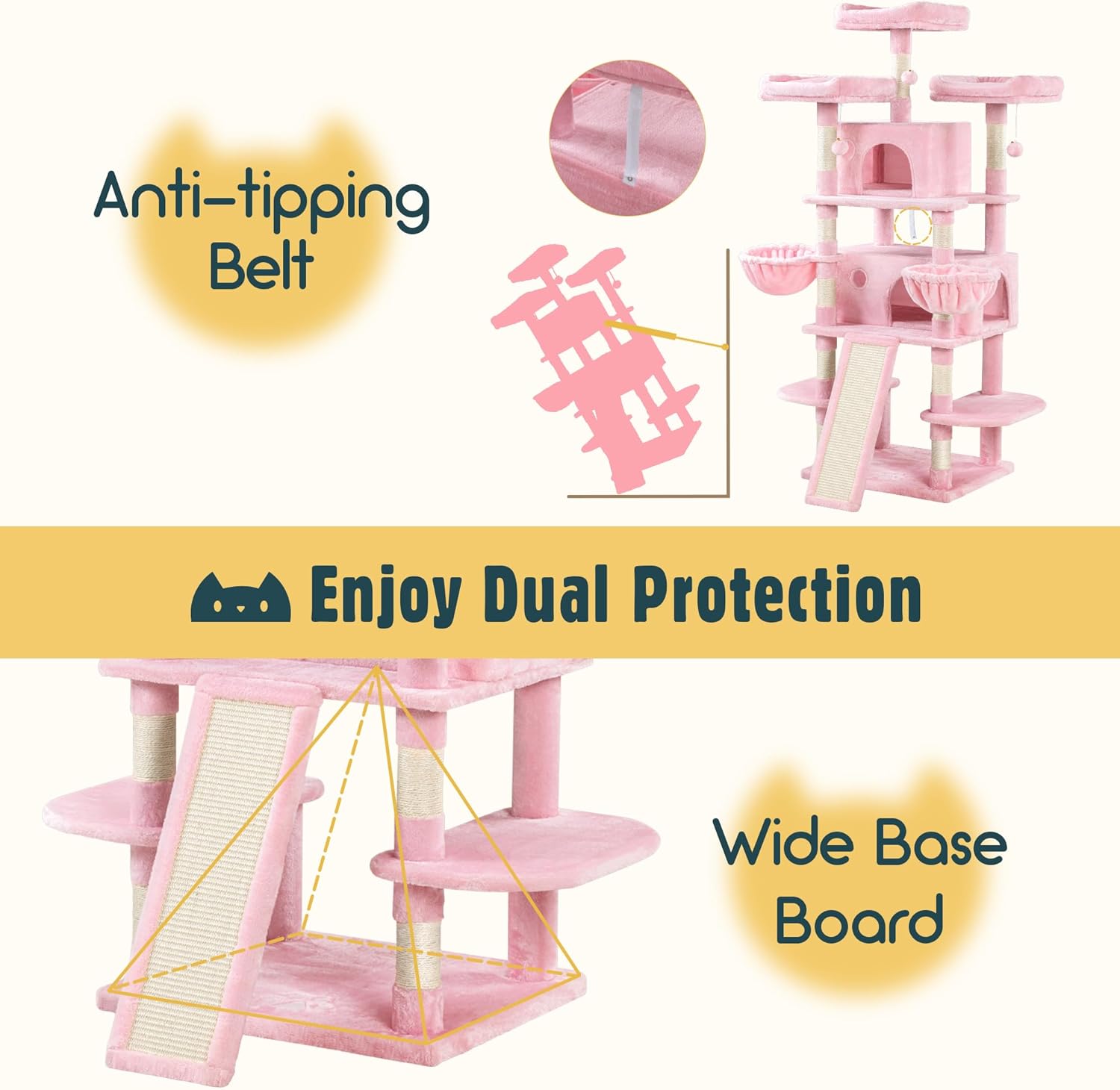 Diagram showing the anti-tipping belt installation and the wide base board for stability.