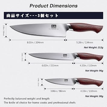 SHAN ZU Knife Set 3-Piece Japanese Kitchen Knife Set Made of 10Cr15MoV Stainless Steel Ergonomic Pakka Wood Handle Knife Set with Chef's Knife Office Knife Utility Knife