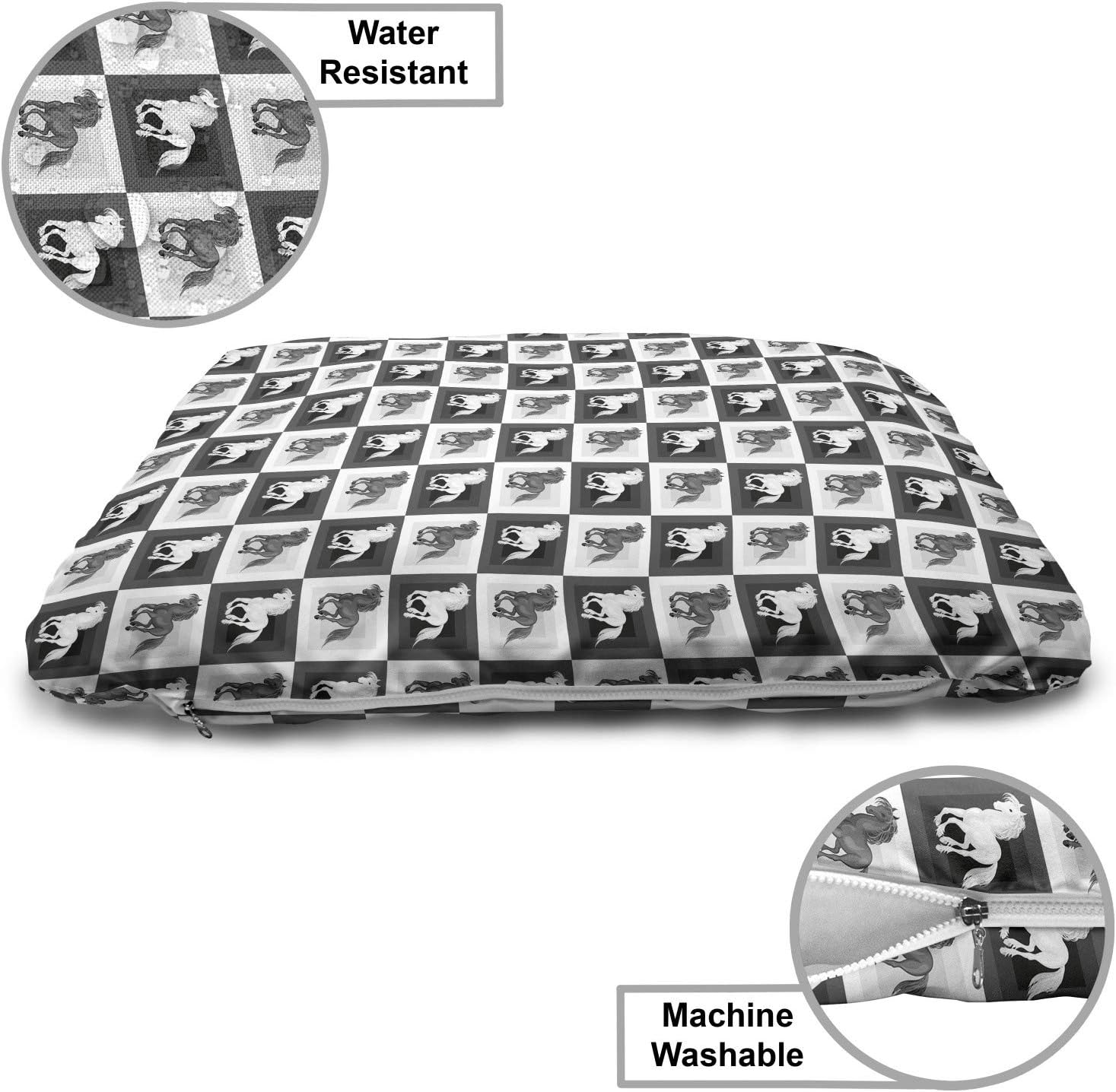 review Lunarable Grey and White Pet Bed, Horse Graphics on Checkers Inspired Backdrop Modern Design, Chew Resistant Pad for Dogs and Cats Cushion with Removable Cover, 24