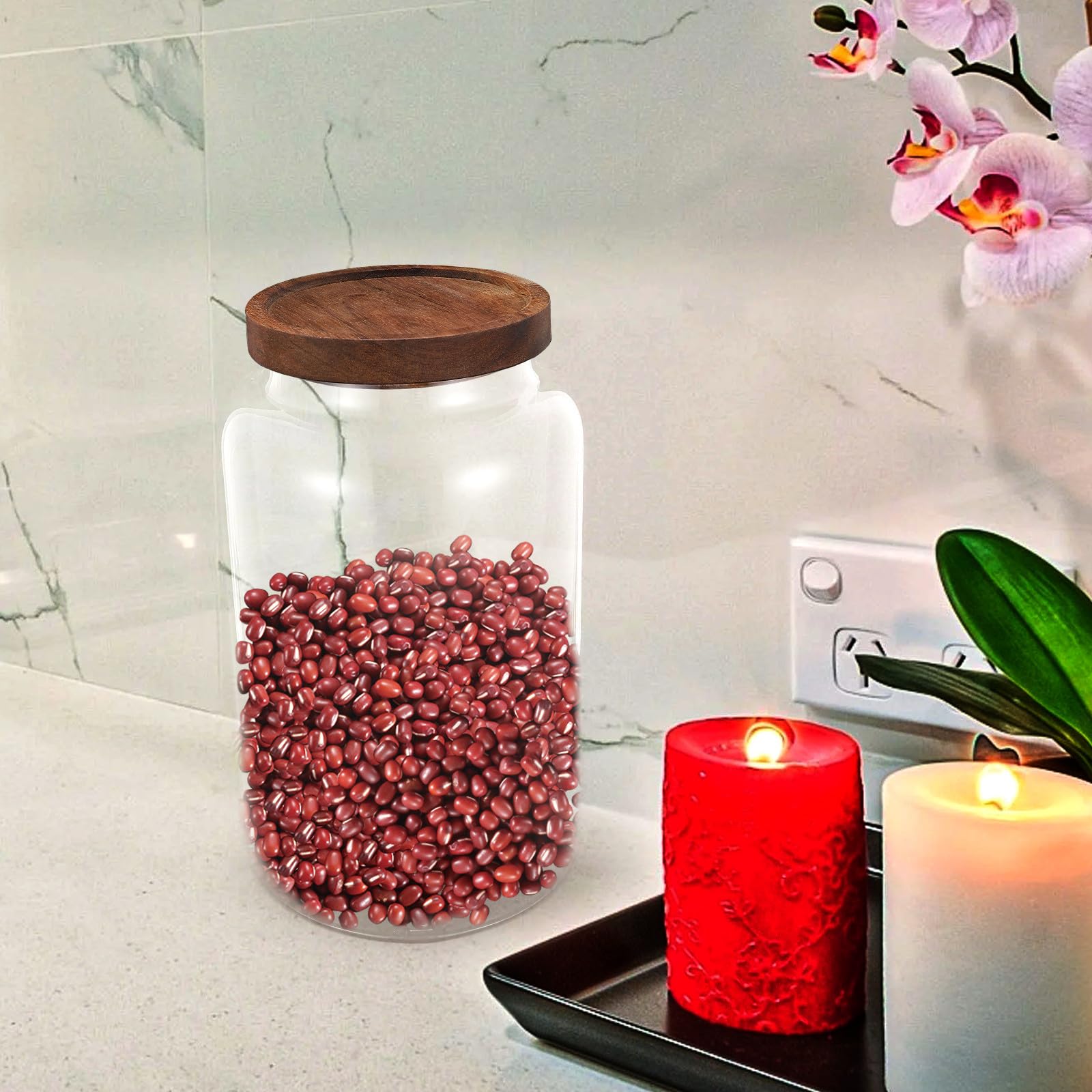 2, 8l Glas Vorratsglas mit Holzdeckel für Lebensmittel | Flacher Boden, Transparentes Design, für Küche und Tisch, Geeignet für Getreide, Tee und Süßwaren