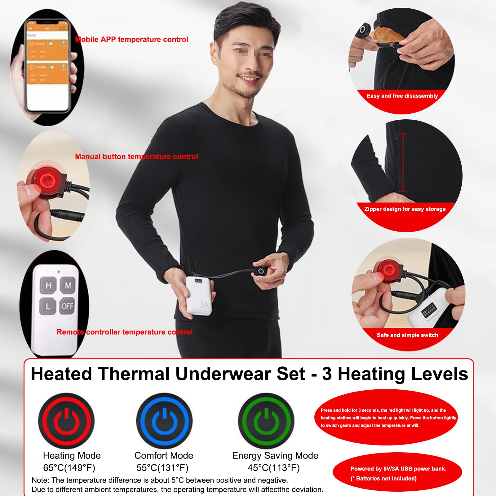 Set di Biancheria Intima Riscaldata Donna Uomo, 24 Zone di Riscaldamento, Maglia + Pantaloni Termici Base Layer Elettrica USB, Set di Biancheria Intima Termica per Sci Pesca Moto,L,Men