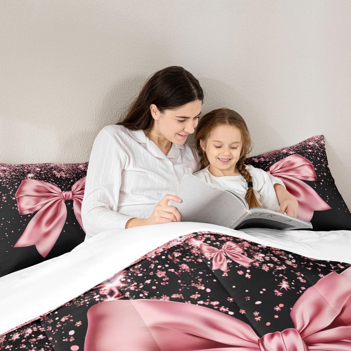 Pink Bowknot Kids Comforter Set Queen Size,Pink Glitter Dreamy Girlish Bedding Set,Girls Boys Adults Room Decor,Beauty Glamorous Fashion Down Comforter,Sweet Romantic Duvet Insert,2 Pillowcases