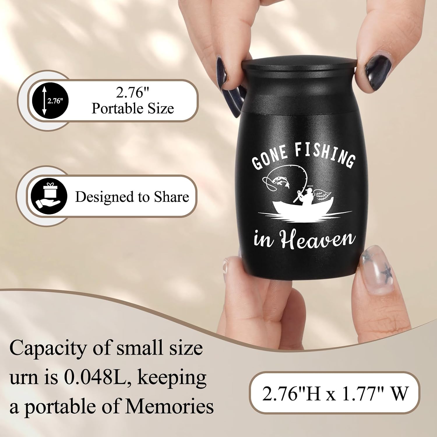 SOITIS Small Urns for Human Ashes Keepsake - 2.76 Inches Black Aluminium Urn with Gift Box, Cremation Urns Memorial Holder, Funeral Sharing Decorative Urn for Women Men - Gone Fishing Mini Urn