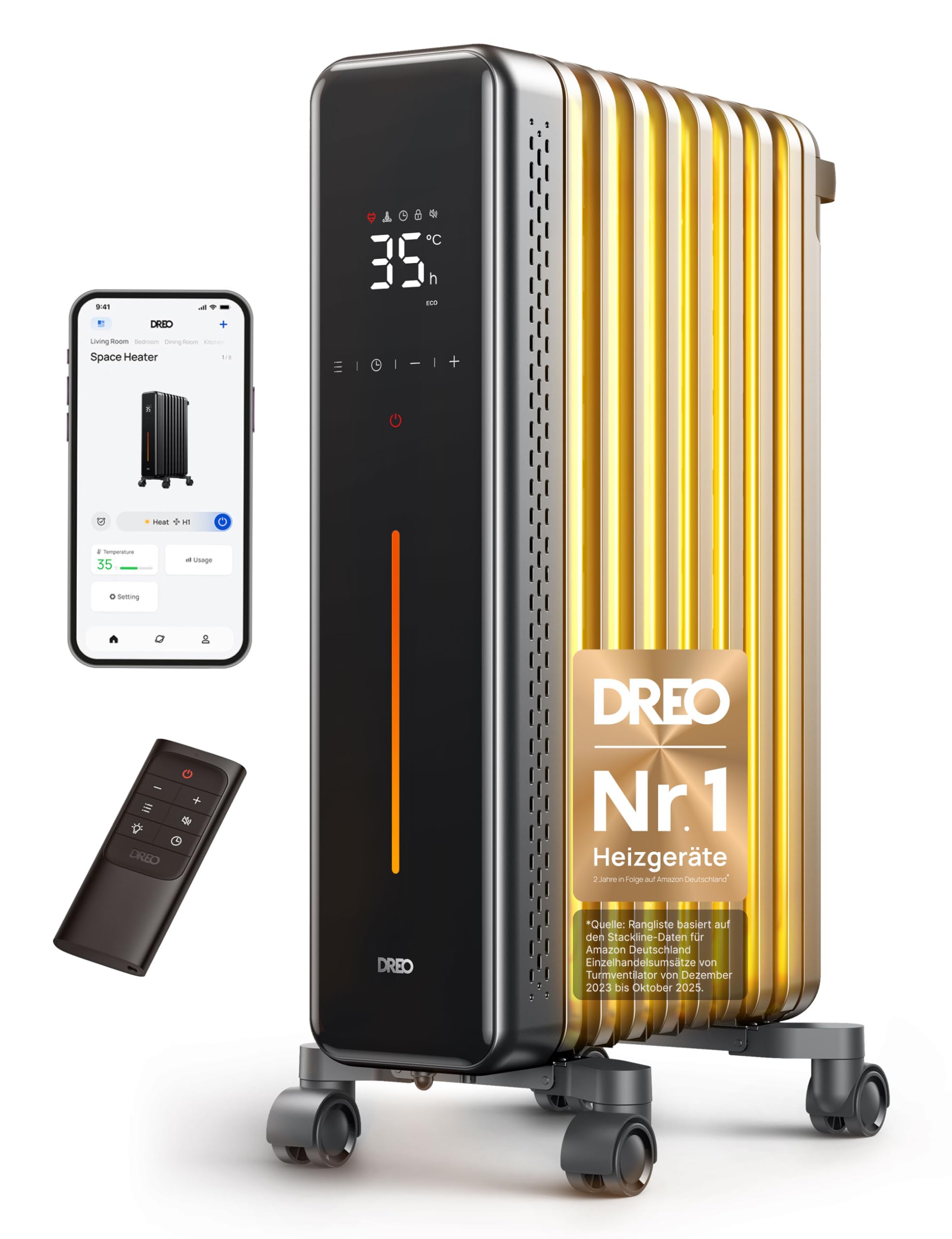 Dreo Ölradiator Energiesparend 2000W – Energiesparend, 9 Rippen, 24h Timer, ECO-Modus