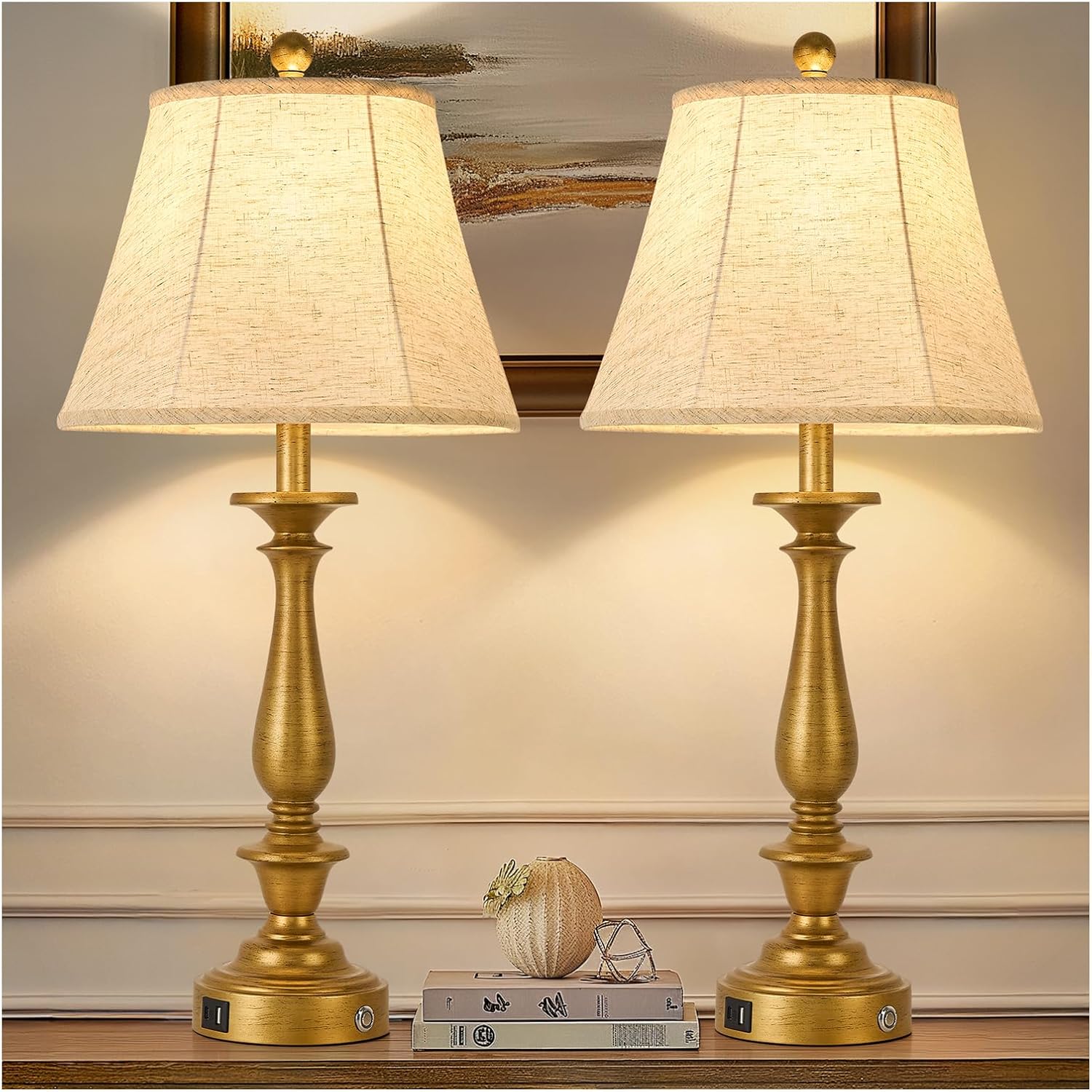 AIDENOEY 28.5" Traditional Table Lamp Set of 2, Rustic Farmhouse Table Lamps for Living Room Bedroom, Bedside Desk Lamps Vintage Nightstand Lamps with Silk Fabric Shades，Antique Gold Table Lamp