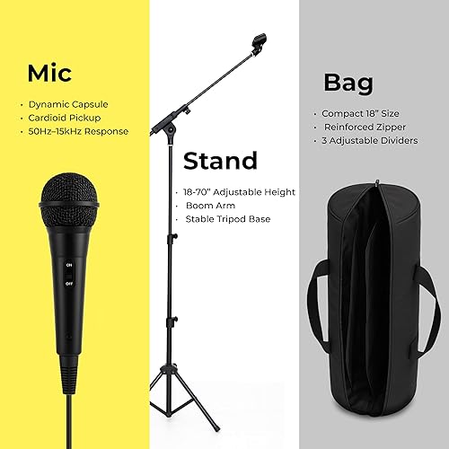 Miniatura 3 de Bowens Micrófono dinámico para cantar con soporte de micrófono ajustable (18-70 pulgadas), pluma de 17 pulgadas, micrófono de mano para altavoces,