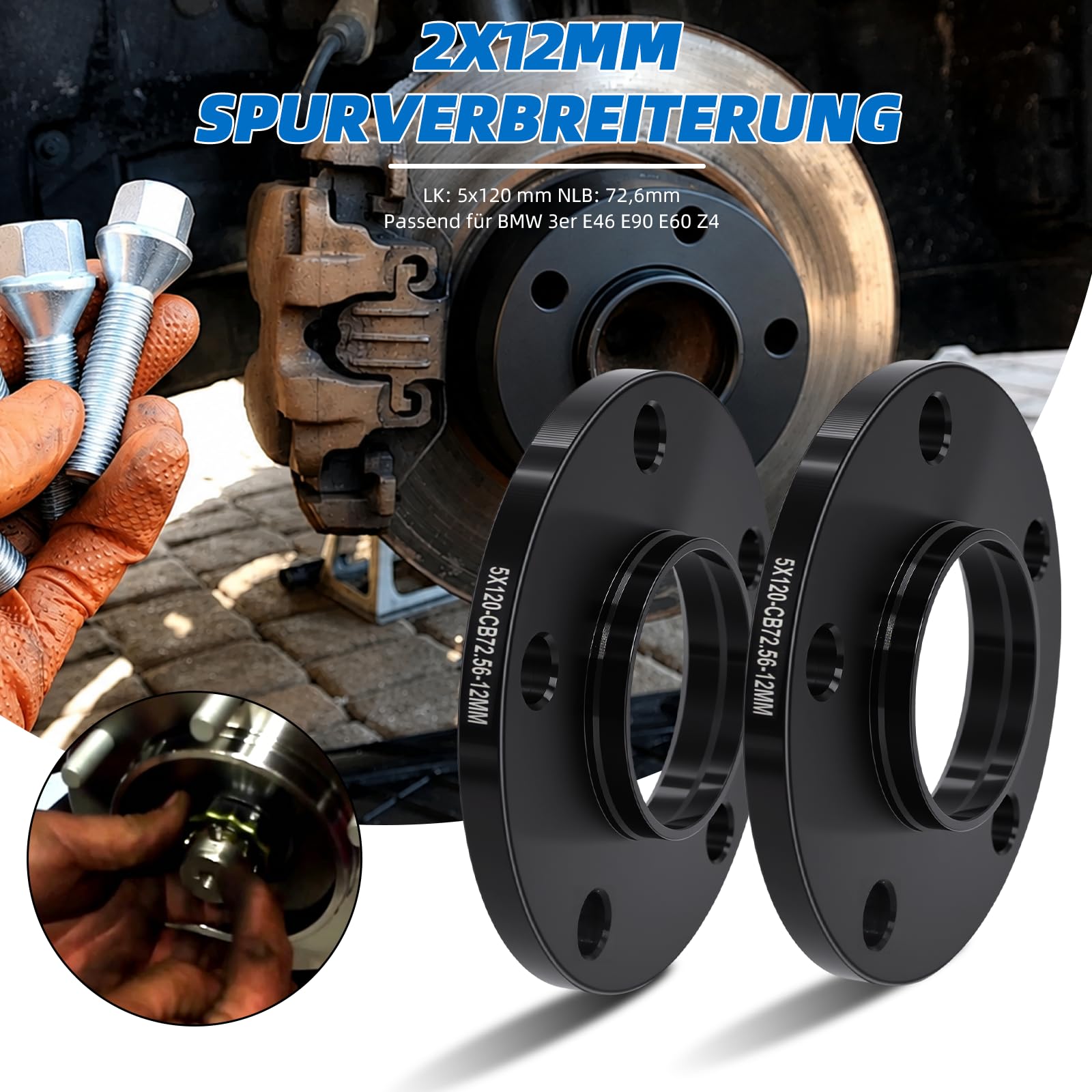 Radnaben-Distanzscheiben-Set, bestehend aus zwei 12-mm-Distanzscheiben, Lochkreis 5x120 mm, Mittenbohrungsdurchmesser 72,6 mm. Passend für BMW 3er E46, E90, E60 und Z4. (2x12mm 5x120 NLB:72.6)