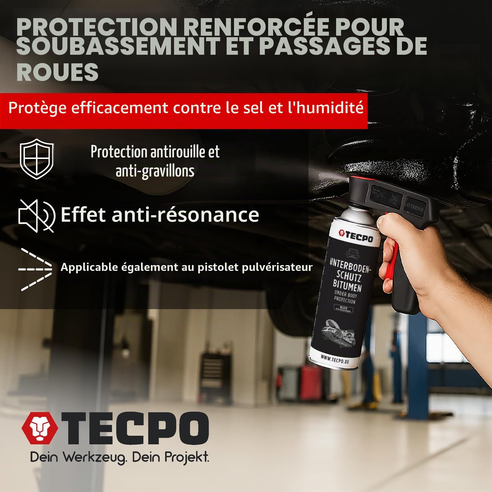 TECPO UBS Lot de 5 sprays de protection pour dessous de caisse 500 ml Noir Protection contre les chutes de pierres et la rouille, les produits chimiques avec effet anti-bourdonnement