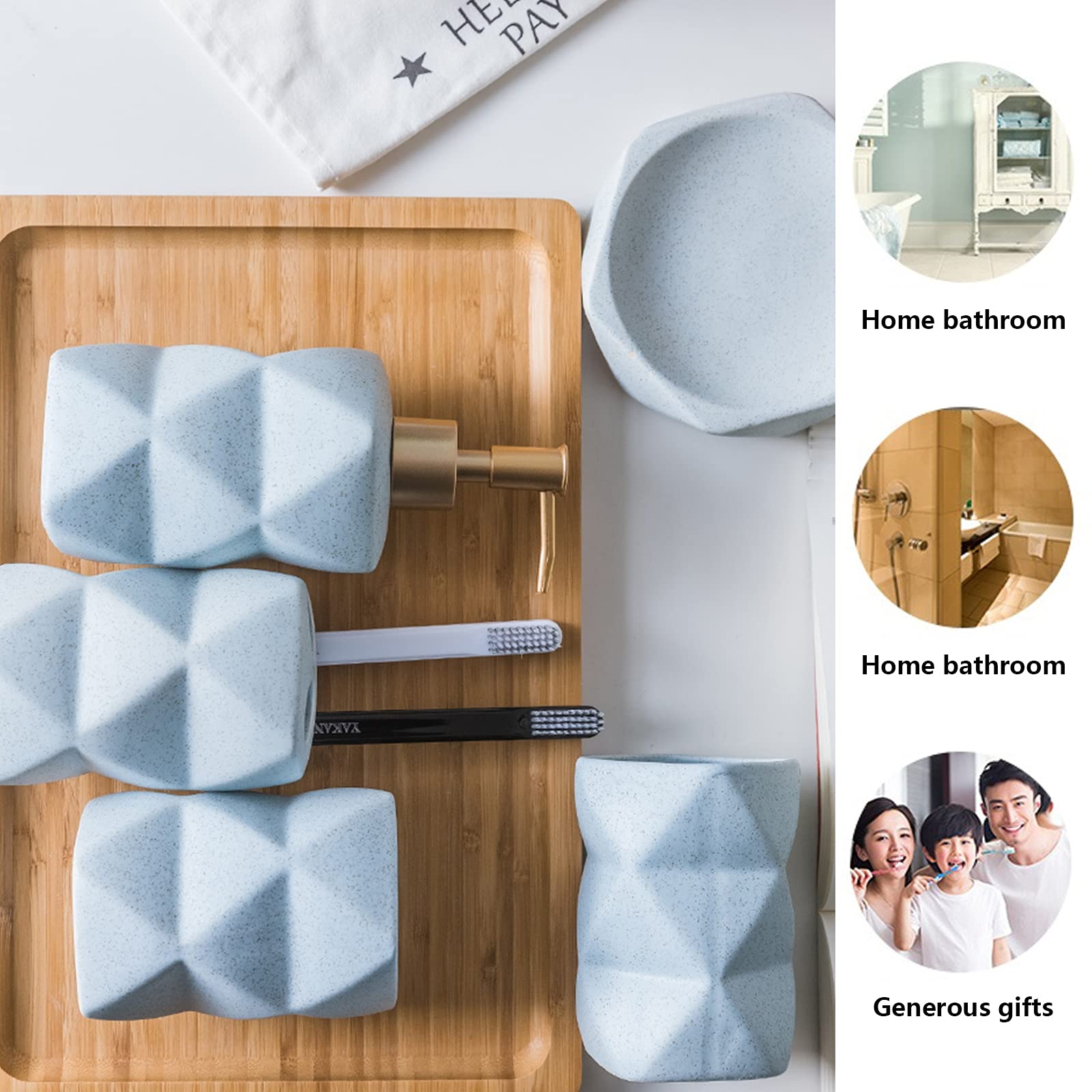 Badezimmer Set Geometrische Figur Luxuriöses Badezimmer Zubehör Set Keramik mit Seifenspender, Zahnputzbecher, Seifenschale, Zahnbürsten-Halter,Blau,5Pcs