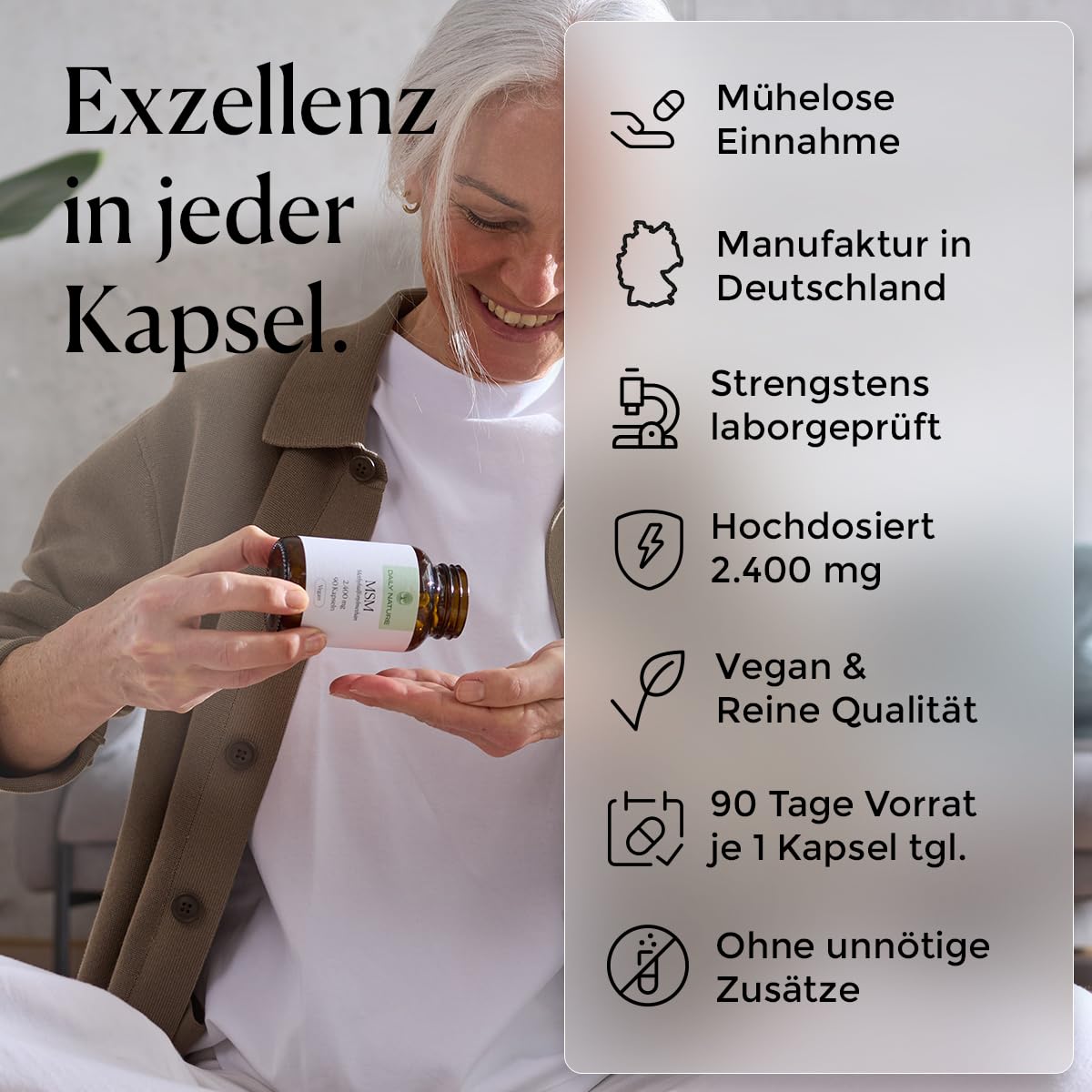 DAILY NATURE® Premium MSM Kapseln I 90 Kapseln hochdosiert mit 2400 mg MSM Pulver pro Tagesdosis I Nahrungsergänzungsmittel mit Methylsulfonylmethan I gluten- & laktosefrei I hochwertige Inhaltsstoffe