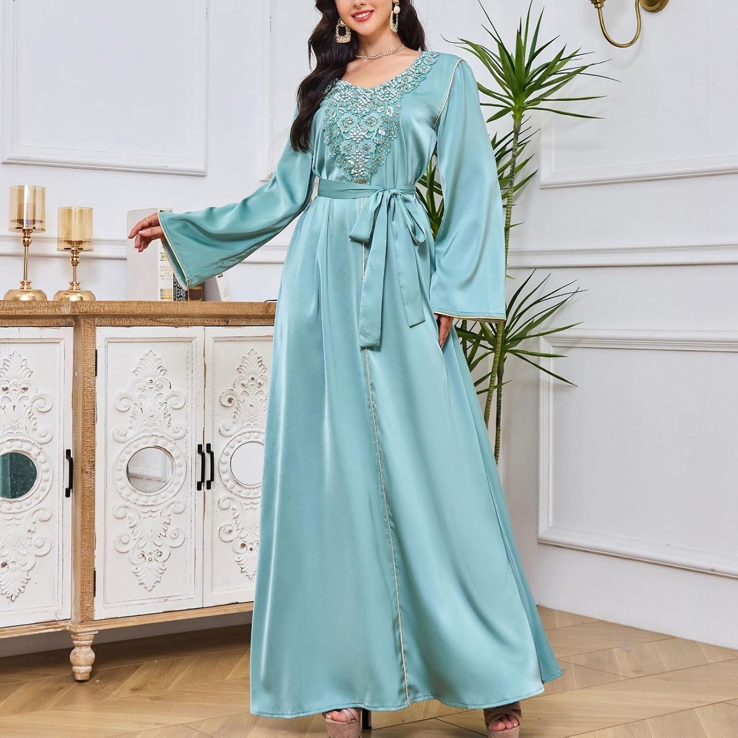 Abaya for Women Muslim Applique Embroidery Long Sleeve Maxi Dress Loose Full Cover Islamic Dubai Kaftan Robe with Belt