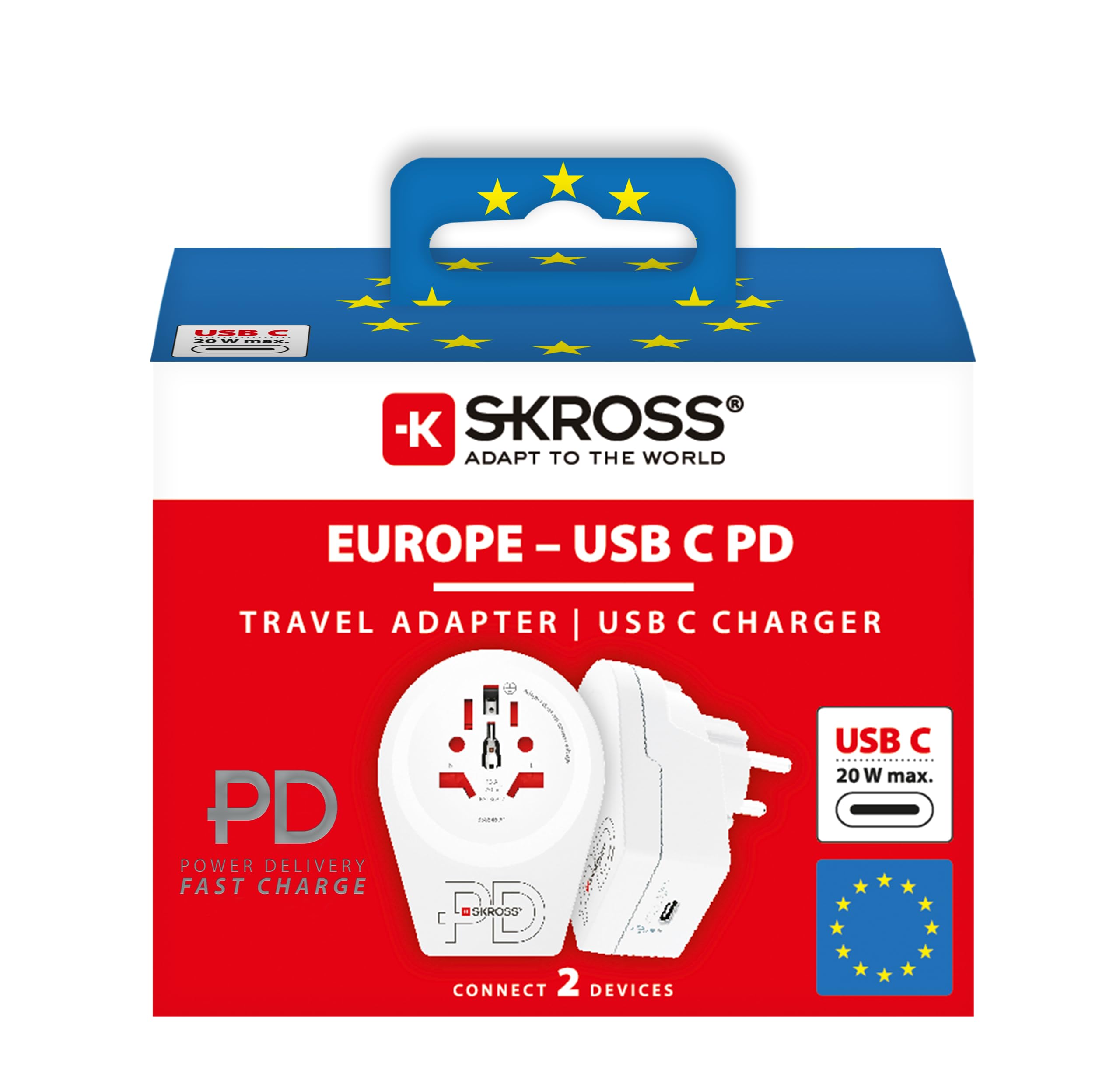 SKROSS - World to Europe USB C20PD - Schuko European Travel Adapter aus Euro, Australien, Großbritannien, USA, Japan, Brasilien und China - USB -Beschichtung C 3A Fast Charger