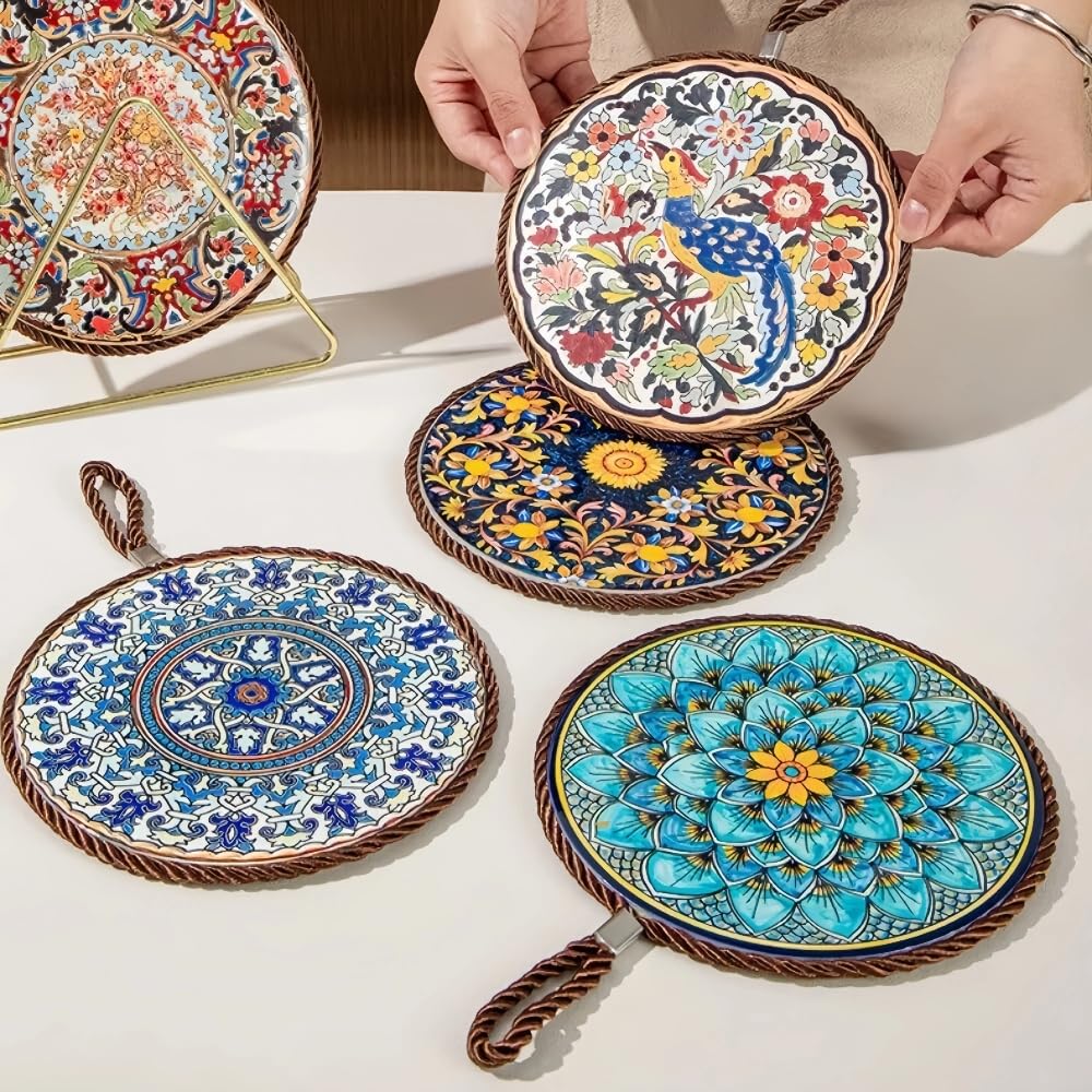 Ścierki do garnków w stylu vintage z płytą ceramiczną (Ø 17 cm, zestaw 4-częściowy) – ochrona przed wysoką temperaturą i antypoślizgowe, wielofunkcyjne podkładki pod garnki, kubki, talerze i