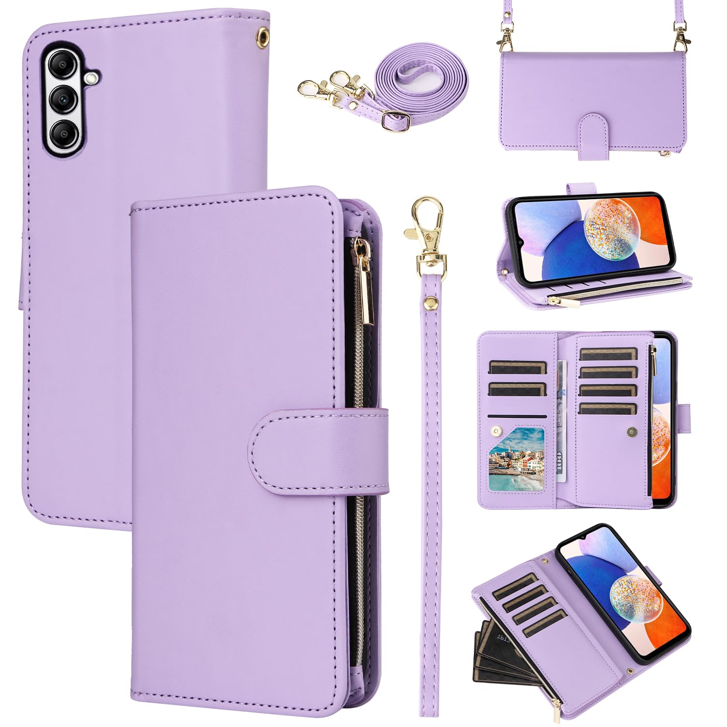 Furill Wallet Case for Samsung Galaxy A14/M14 5G with Wrist Strap Crossbody Shoulder Strap Leather Zipper Flip Purse Card Holder Slots Protector Stand