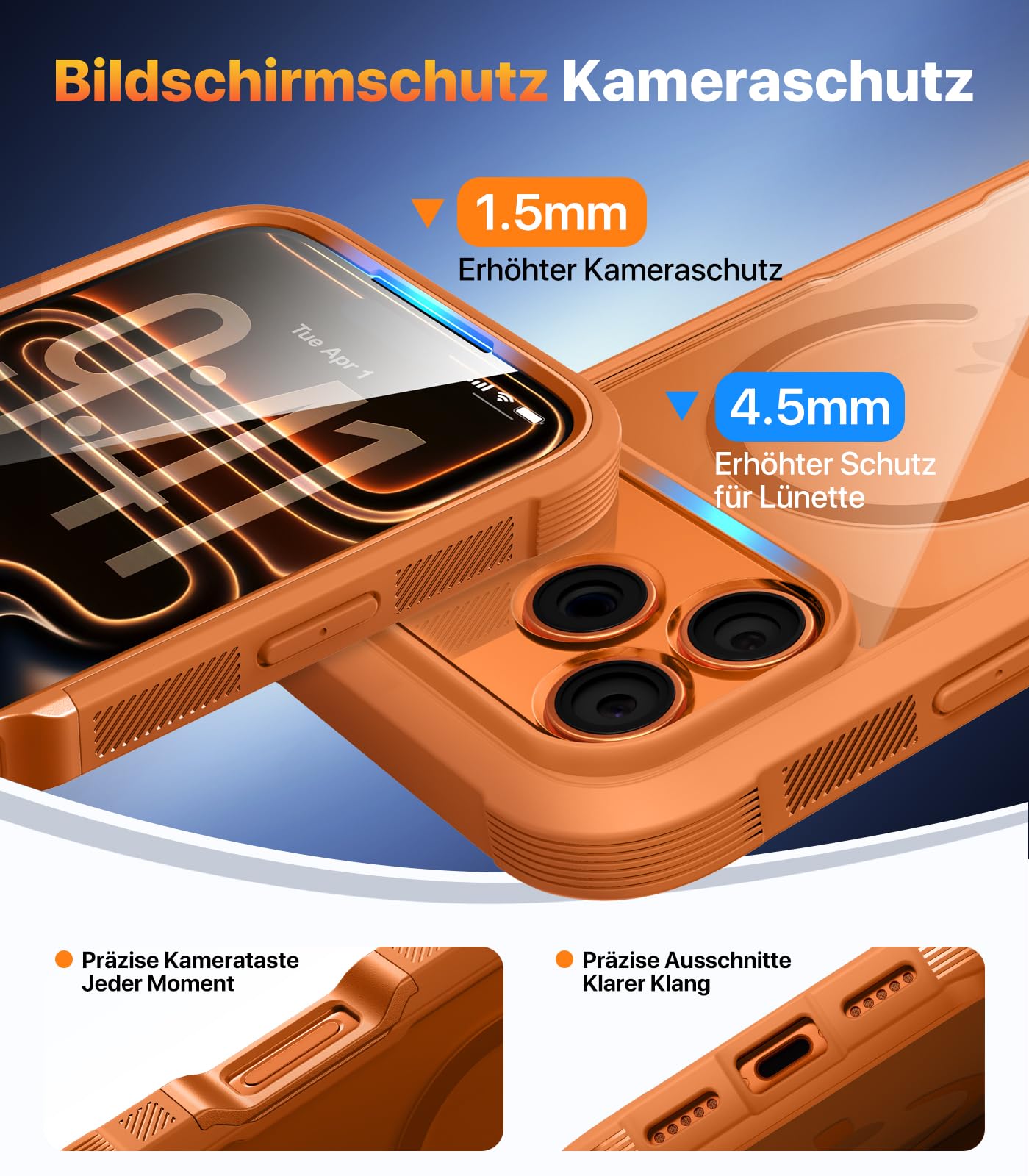 Diaclara für iPhone 17 Pro Hülle mit MagSafe, Militärschutz 360 Grad Vollschutz Schutzhülle mit integrierter Displayschutzfolie und Kameraschutz, Handyhülle Case für iPhone 17 Pro 6,3",Orange