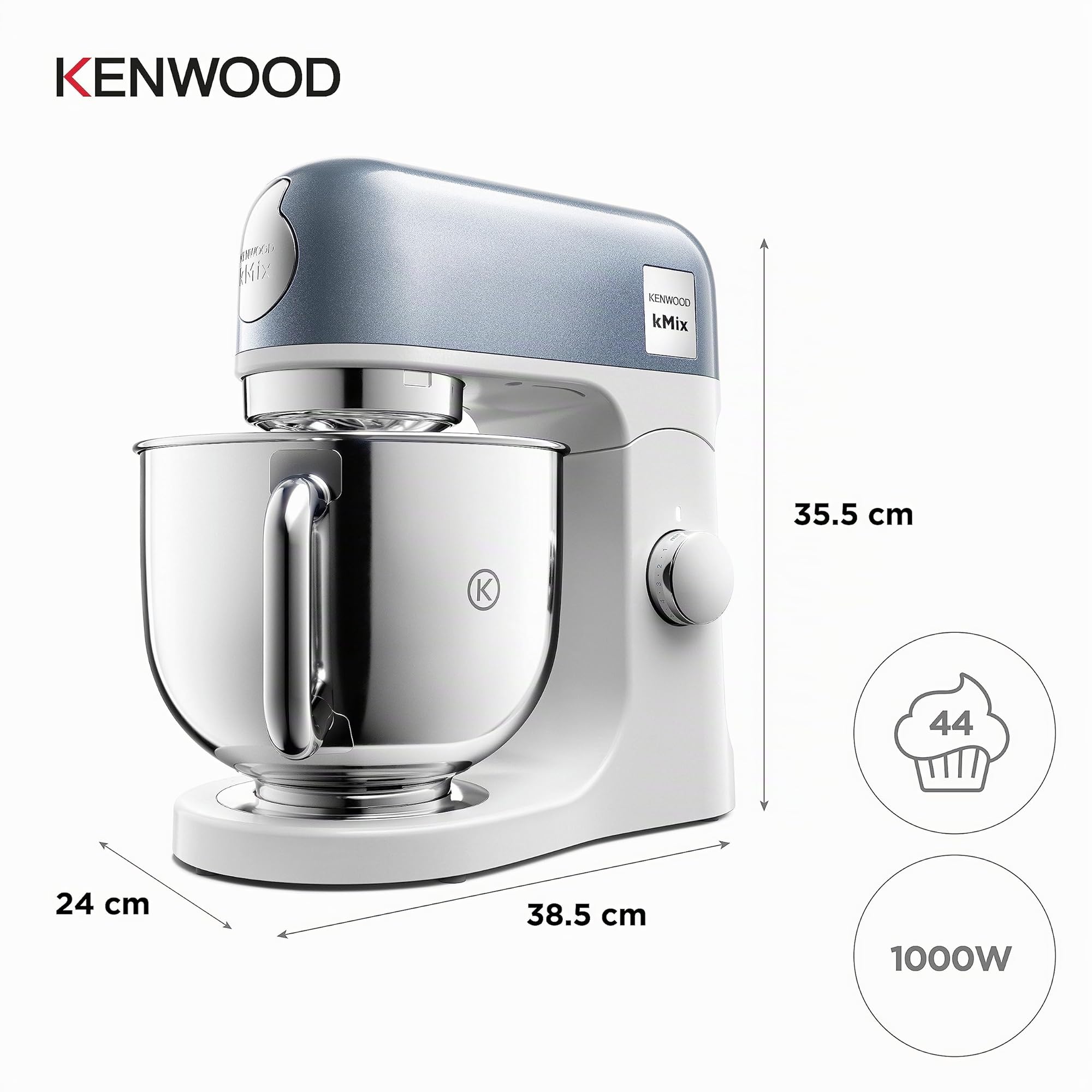 Kenwood KMX760BL KMIX Impastatrice Planetaria con Ciotola con manico in Acciaio da 5L, 3 Ganci di Miscelazione, Potenza 1000W, Personalizzabile con oltre 20 Accessori Acquistabili Separatamente, Blu
