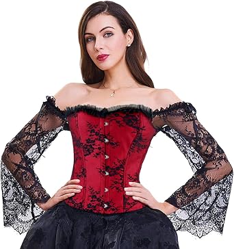 Kimring Womens Victorian Steampunk Overbust Corset Bustier Top with Off Shoulder Long Sleeves