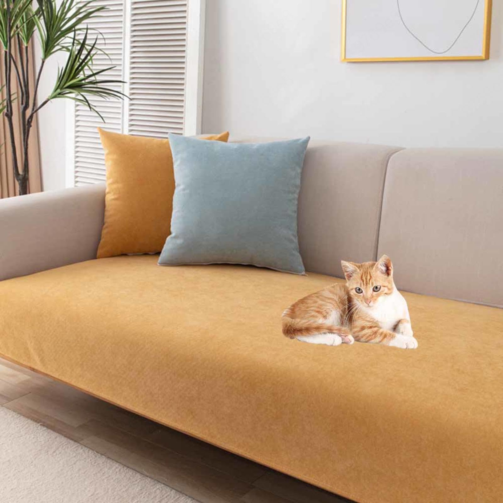 Racib Velvet Sofa Cover L Shape Non Slip, Waterproof, Retro Decorative Edge, Protects Sofa & Couch from Stains & Pets, Easy to Install & Clean, Machine Washable, 210 cm Width