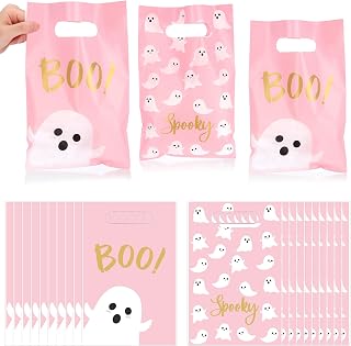 50 Pcs Halloween Ghost Gift Bag Boo Goodie Bag Party Favor, Pink | Plastic Halloween Candy Treat Bag for Trick-or-treat Cute Ghost Boo Bag for Halloween Spooky Birthday Holiday Party Supply