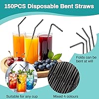 Vista 3 de 150 popotes desechables de plástico para beber, popotes flexibles, desechables, largos, coloridos, de plástico, a rayas, varios colores para uso