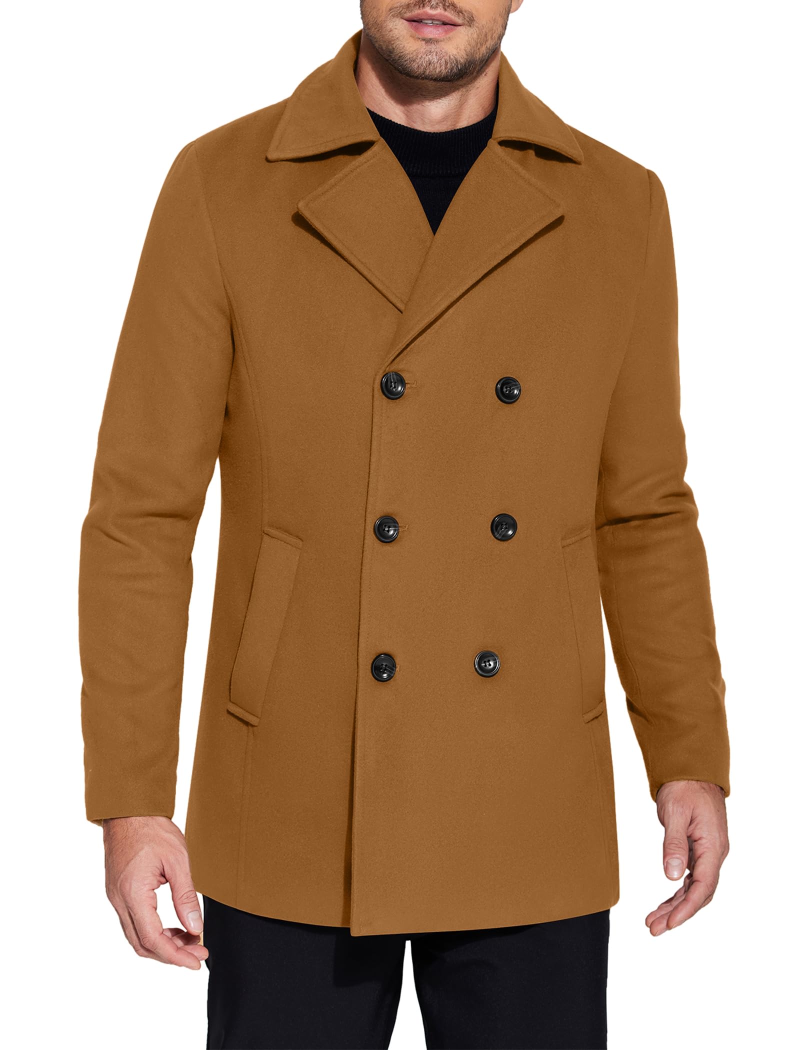 COOFANDY Mens Double Breasted Pea Coat Winter Overcoat Short Trench Coat Notched Collar