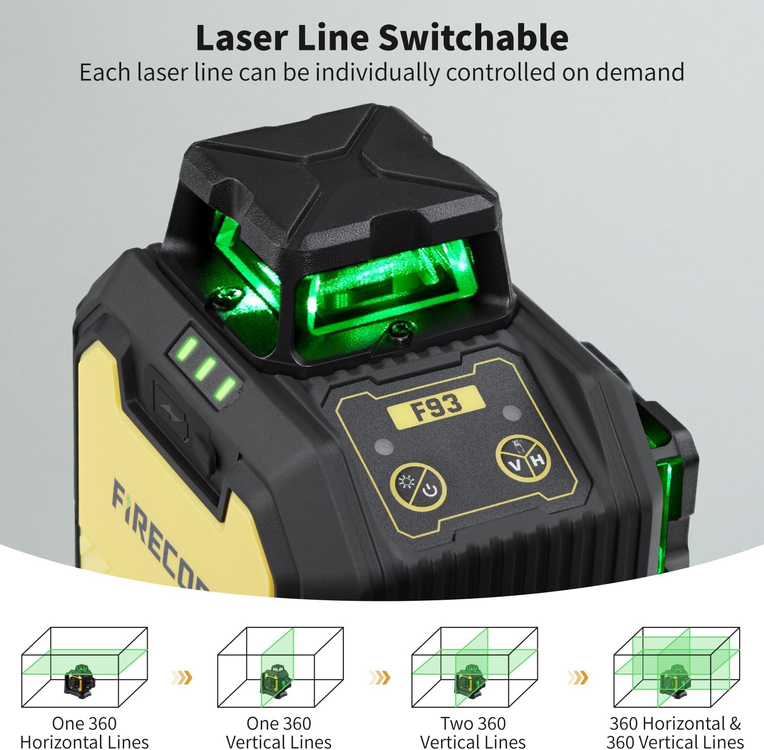 Firecore Laser Level 360 Self Leveling, 1/13" High Accuracy, Rechargeable Green Cross Line Laser for Construction and Picture Hanging, Outdoor Pulse Mode Up To 197ft, Hard Case Included