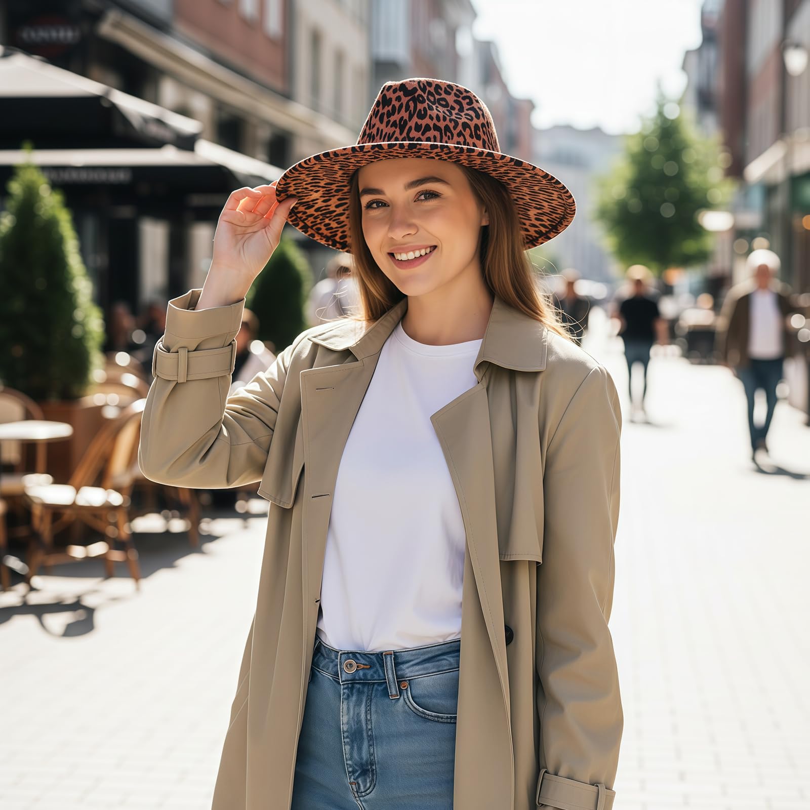 Chapeau Fedora unisexe imprimé léopard large bord feutre Trilby Panama Church Derby Cap avec boucle de ceinture (Kaki)
