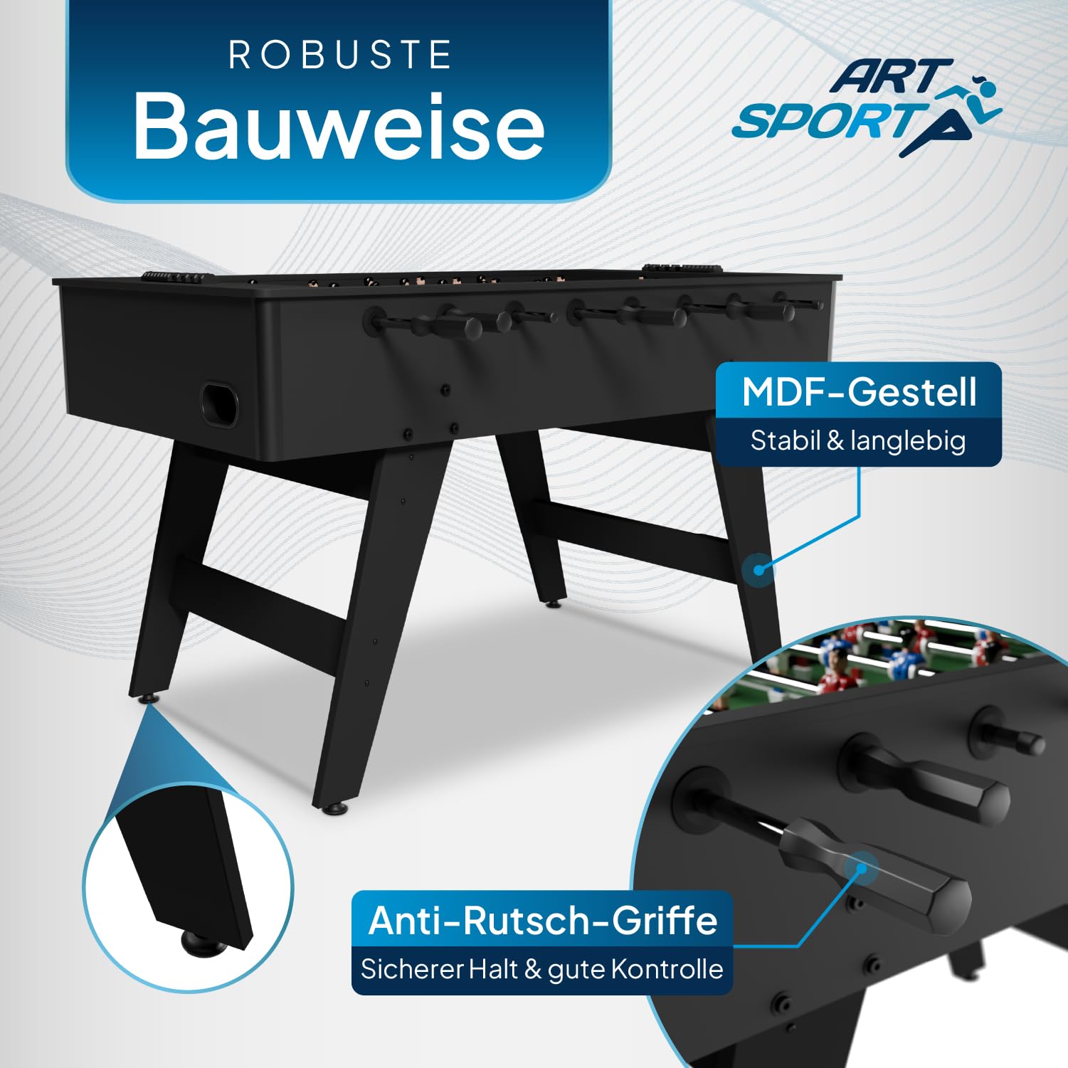 Artsport Tischkicker ProKick - Stabiler Kickertisch aus MDF, 11-gegen-11 Spielfläche, Anti-Rutsch-Griffe, Torzähler, für Kinder & Erwachsene