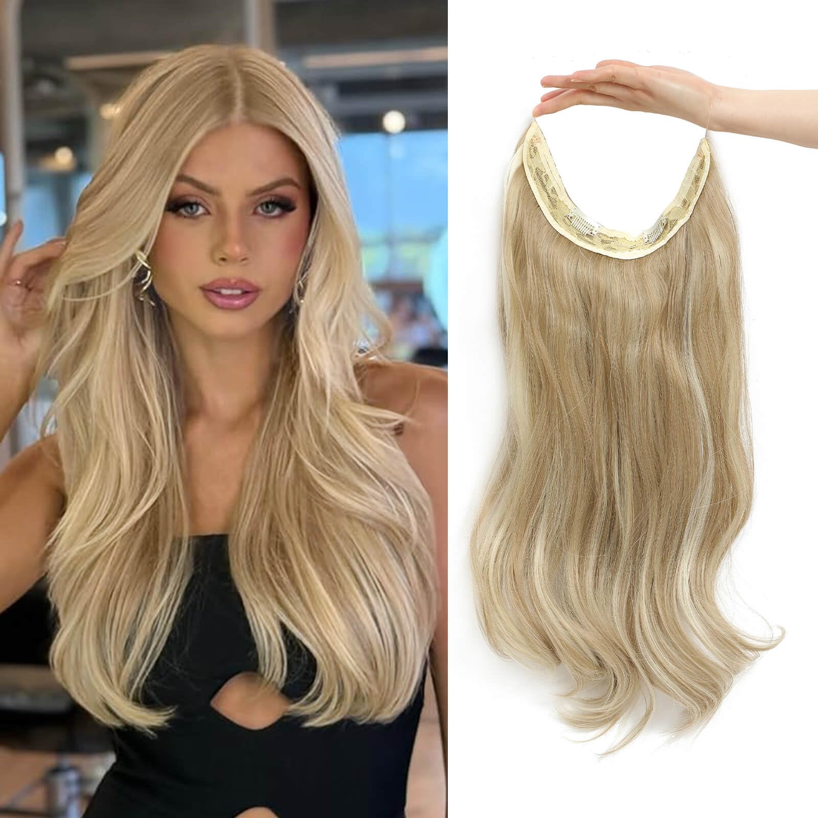 Flyroseing Halos Hair Extension with Transparent Wire, 18 Inch Body Wavy Invisible Wire Blonde Hair Extensions