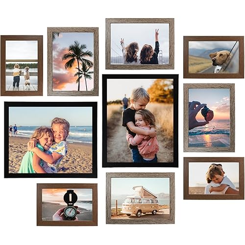 LIPHISFUN Picture Frames Collage Wall Decor 10 Pack Gallery Wall Frame Set with Multi Sizes 4x6 5x7 8x10 Photo Frames Collage for Wall or Tabletop Display in 3 Different Finishes - Black, Gray, Brown