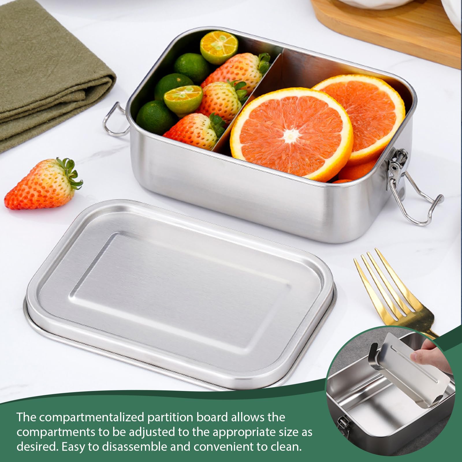 Pudełko śniadaniowe ze stali nierdzewnej 304, 3 sztuki, szczelne pudełko na lunch z przegródkami, 850 ml + 1400 ml + 2400 ml, ze stali nierdzewnej, nie zawiera BPA, metalowe, szczelne, na kemping