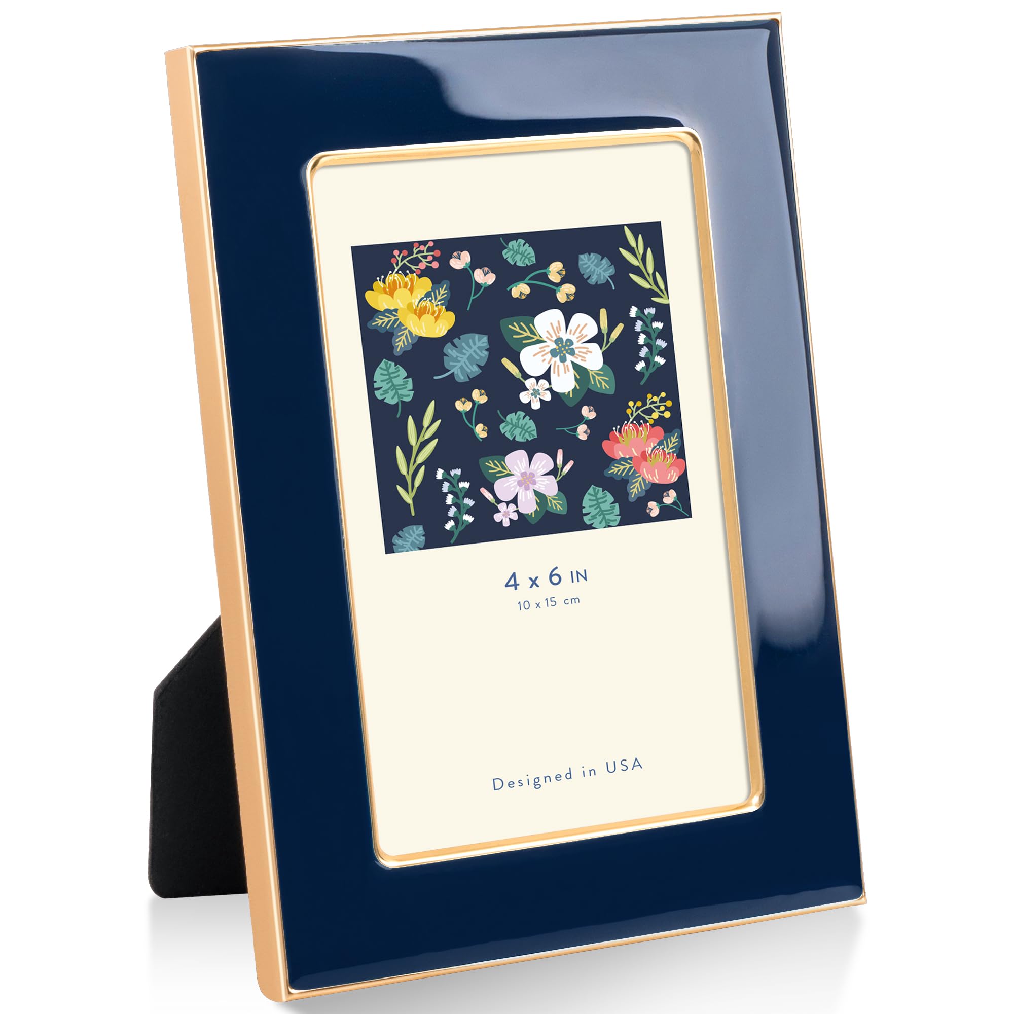4"x6"(10x15cm) Enamel Picture Frame with Gold Metal Edge, HD Tempered Glass Photo Frame with Velvet Back & Easel Stand for Wall or Tabletop Display Family Office Photo Gallery, Navy Blue