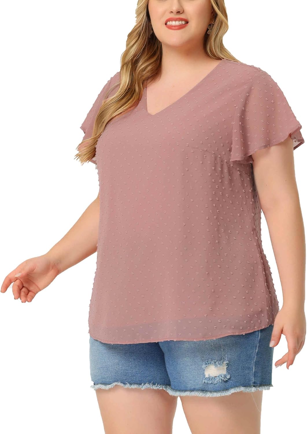 Agnes Orinda Plus Size Swiss Dots Blouses for Women Dressy V Neck Summer Short Sleeve Casual Cute Shirts Tops - Image 2