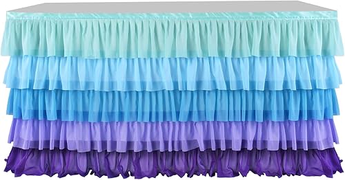 Miniatura 7 de Mantel de sirena para decoración de cumpleaños, falda de mesa tutú para mesas rectangulares, océano bajo el mar, fiesta, 9 pies