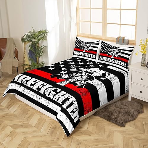Miniatura 2 de Manfei Juego de funda de edredón de bandera estadounidense para niños, tamaño matrimonial, funda de edredón de bomberos con 2 fundas de almohada,