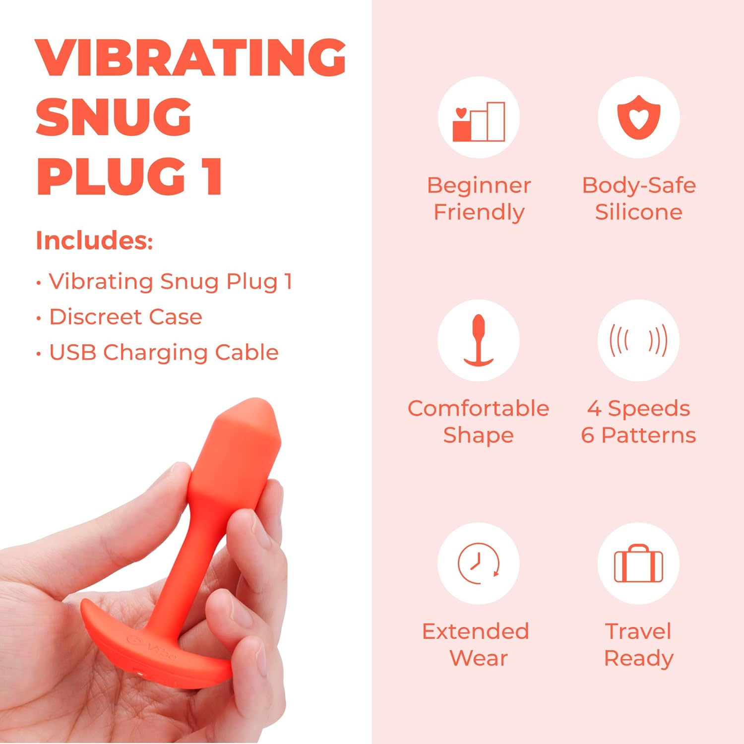b-Vibe Vibrating Snug Plug 1 - Butt Plugs, Adult Sex Toys Anal Toys for Couples, Anal Training, and Sexual Stimulation Device - Orange