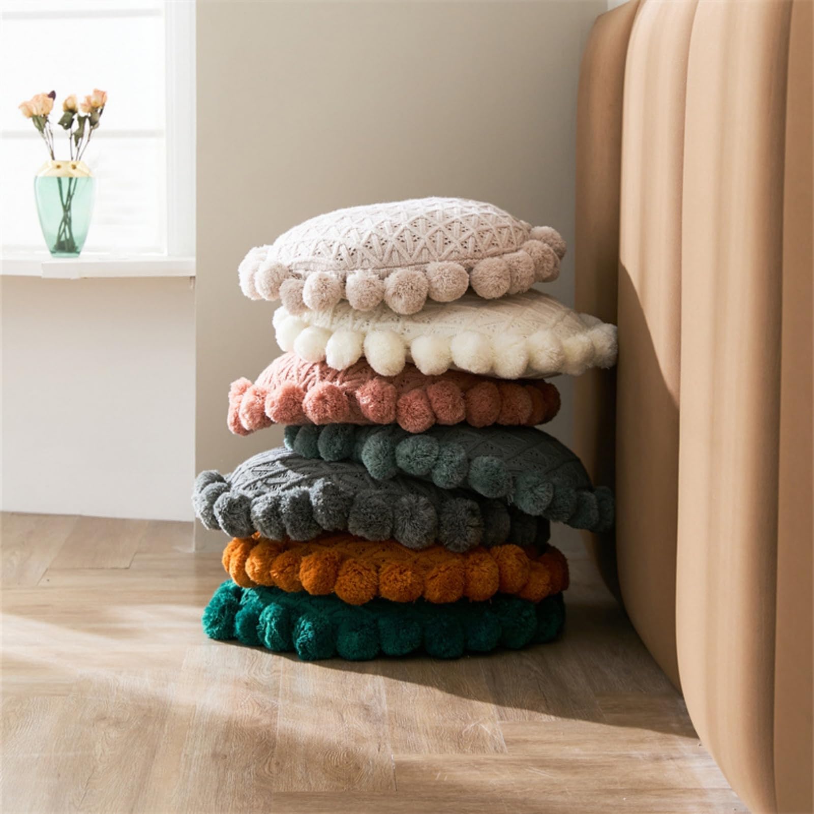 Runde Einfarbige Strick-Pompoms, Kissen-Dekorationskissen, Sonnenblumenkissen-Wurfkissen mit Einsatz für Sofa-Sofa-Bett, 50CM (Dark Blue)