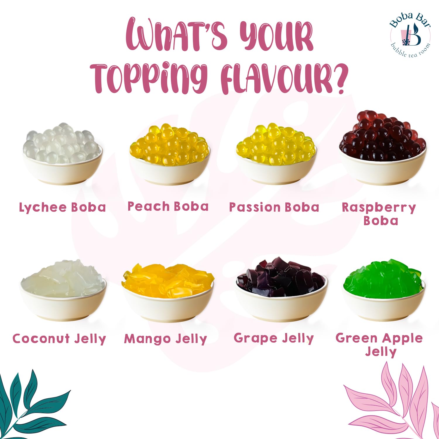 Tropical Treasures - Zestaw owocowej herbaty bąbelkowej | 8 smaków herbat owocowych, 8 - Boba z galaretką, herbata bąbelkowa z perłami tapioki (dla 8 osób) | Torebki z zieloną herbatą i Assam