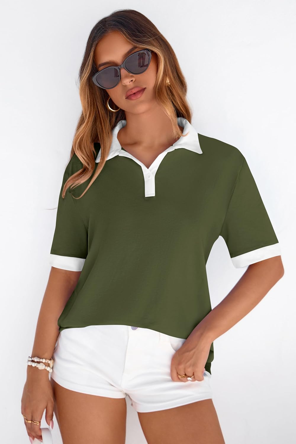 PRETTYGARDEN Summer Short Sleeve Polo Shirts for Women Collared V Neck Work Dressy Tops Knit Loose Business Casual Outfits - Image 5