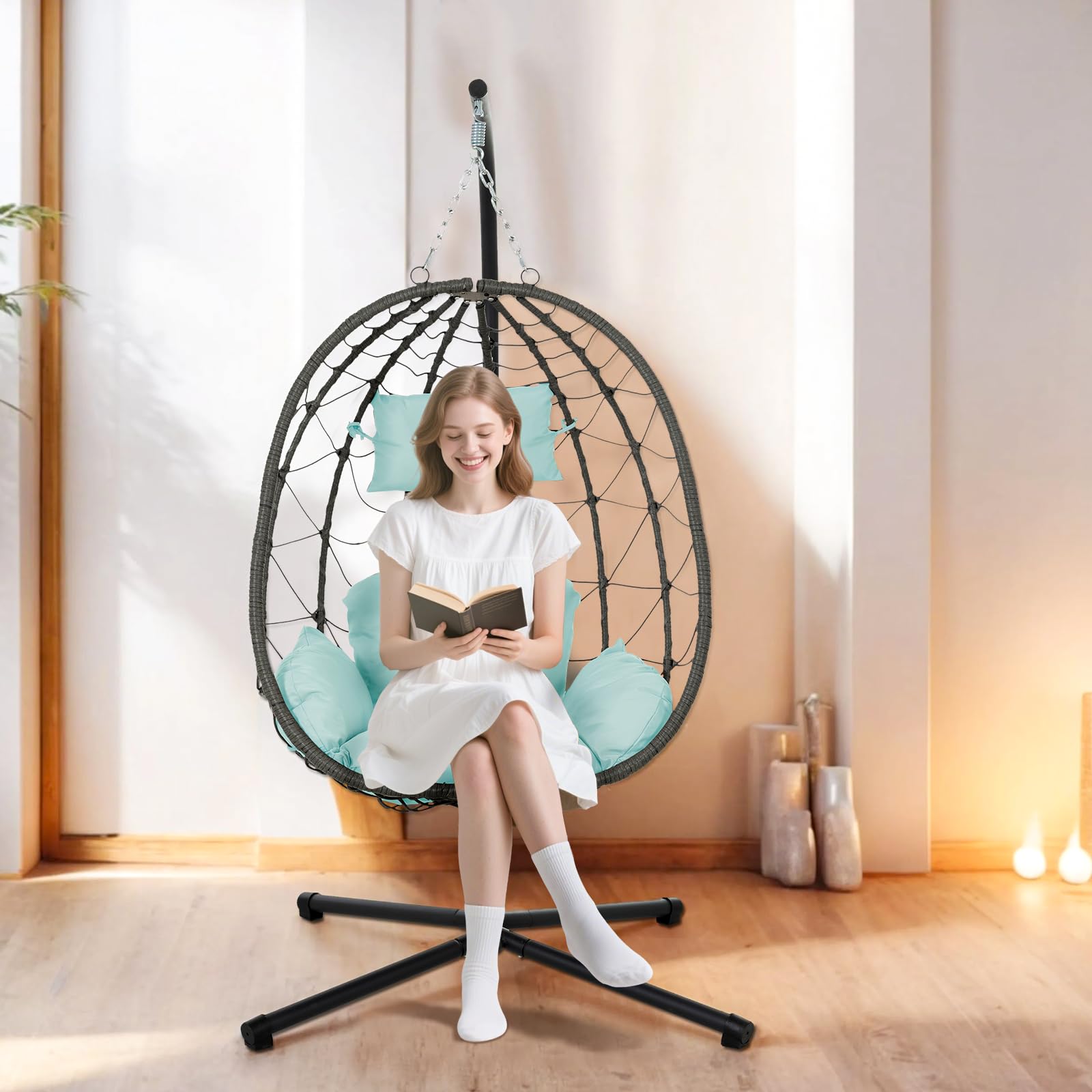 Hanging Egg Chair with Stand Egg Chair Indoor Outdoor, Patio Swing Hammock Egg Chairs, UV Resistant Removable & Washable Thicken Padded Cushions, 350LBS Capacity for Bedroom, Balcony, Garden
