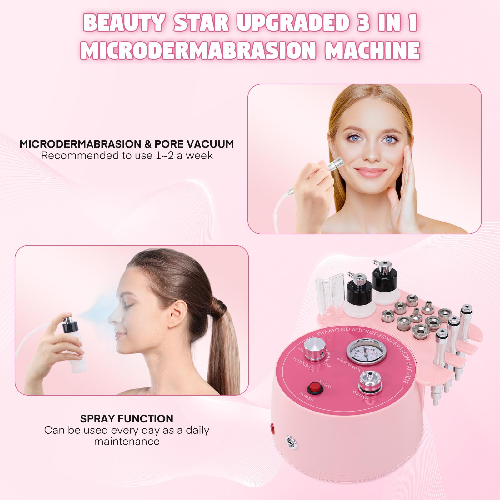 Beauty Star - Máquina de microdermoabrasión de diamante 3 en 1, máquina facial de succión de 0 a 70 cmHg, dispositivo profesional para el cuidado de la piel para uso doméstico y de salón, equipo de