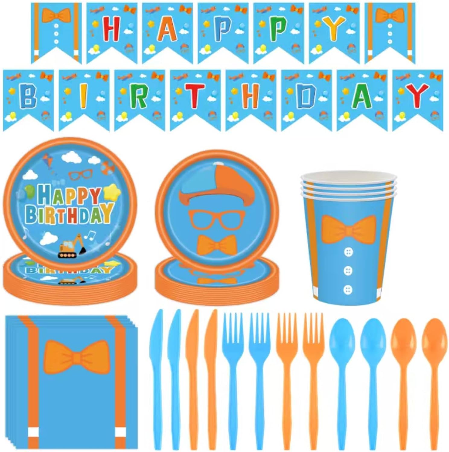 169PCS Blue Birthday Decorations Set, Party Supplies With Orange Cartoon Plate, Napkins, Banner, Paper & Disposable Tableware Set, Straws Boys & Girls Cartoon Birthday Party Favors Serve 24