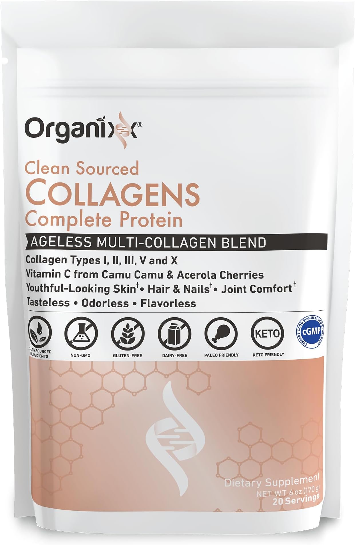 Collagen Peptides Powder with Vitamin C, Types I, II, III, V, X Hydrolyzed Collagen, Hair, Nail, Skin, Bone & Joint Health, Aging Support, Clean Sourced, Gluten Free, Unflavored, 20 Servings