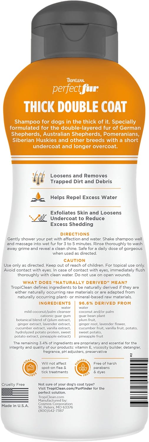 TropiClean PerfectFur Thick Double Coat Shampoo for Dogs, 16oz - Made in USA - Naturally Derived - Thick Double Coat with Deshedding Control Formula for Breeds Like Australian Shepherds & Huskies