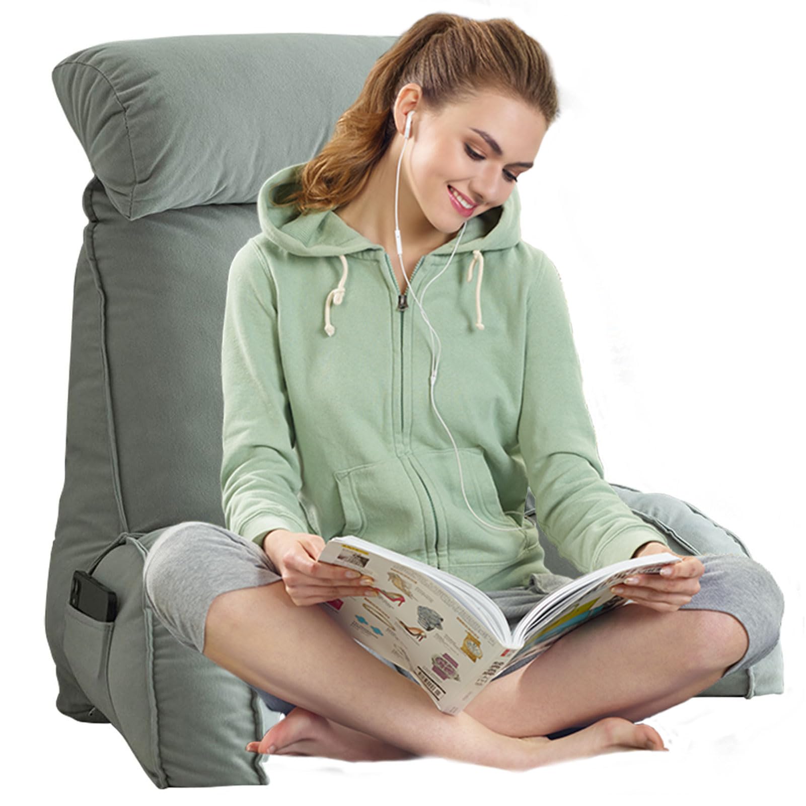 AMWTH Large Reading Pillow With Neck Roll,Soft Comfy Backrest Support Cushion,Lumbar Cushion,with Arms And Pockets,Washable Pillowcase,for Sitting In Bed,Reading,Gaming,Watching TV